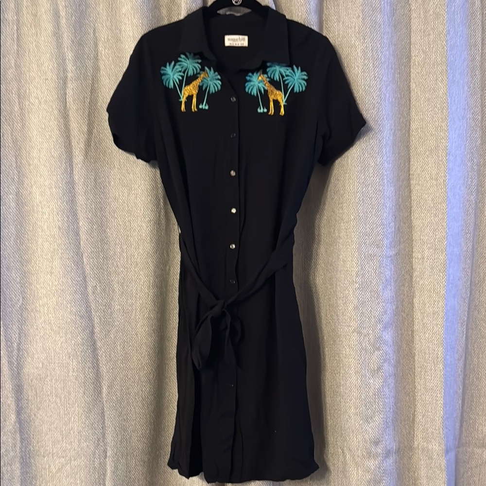 Black Embroidered Giraffe Shirt Dress